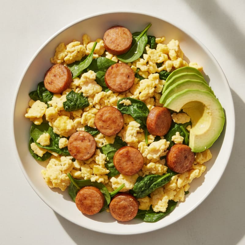 Scrambled Eggs with Chicken Sausage and Fresh Spinach