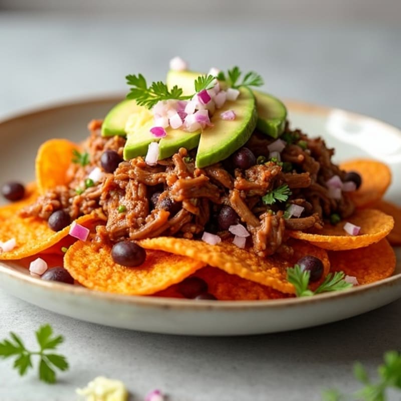 Lean Pulled Pork Nacho Plate with Crispy Sweet Potato Chips