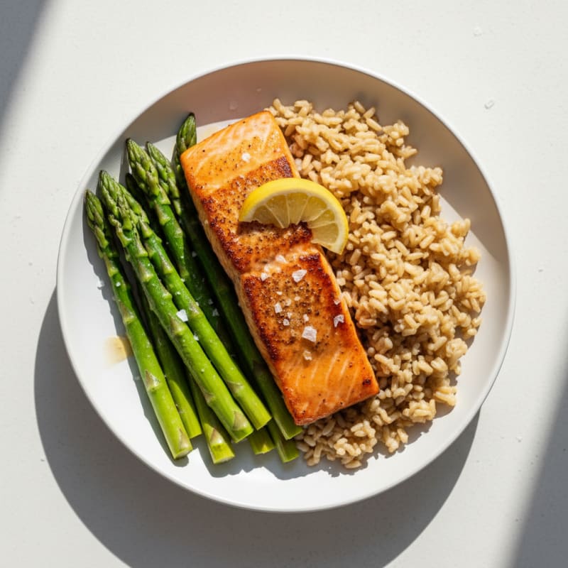 Seared Salmon with Steamed Asparagus and Brown Rice