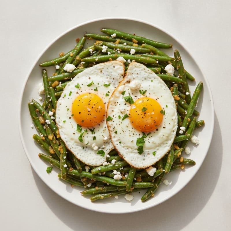 Garlic-Herb Green Beans with Fried Eggs
