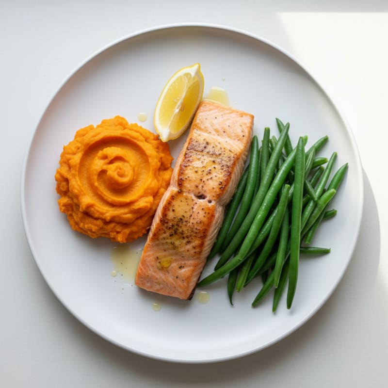 Seared Salmon Filet with Steamed Green Beans and Sweet Potato Mash