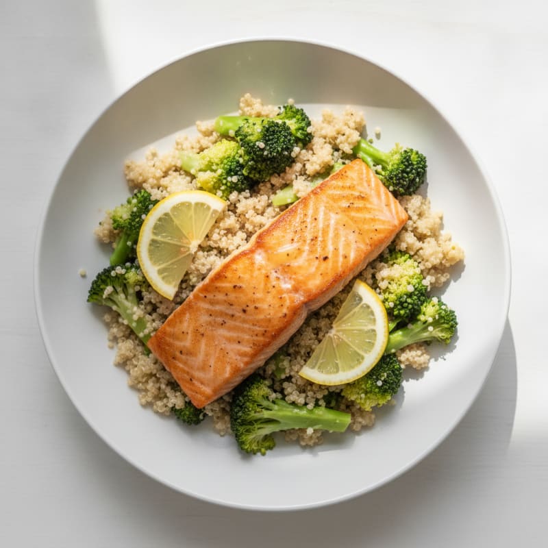 Seared Salmon with Steamed Broccoli and Quinoa