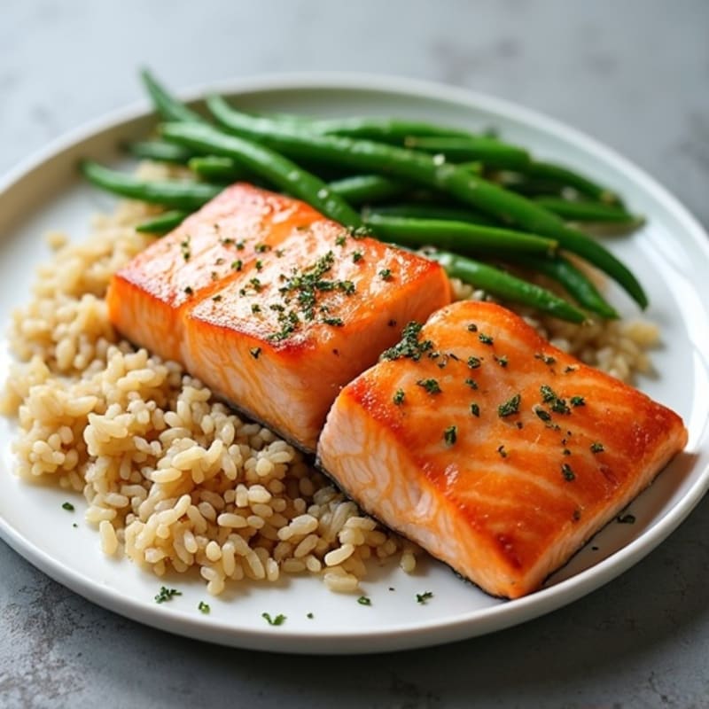 Pan-Seared Salmon with Steamed Green Beans and Brown Rice