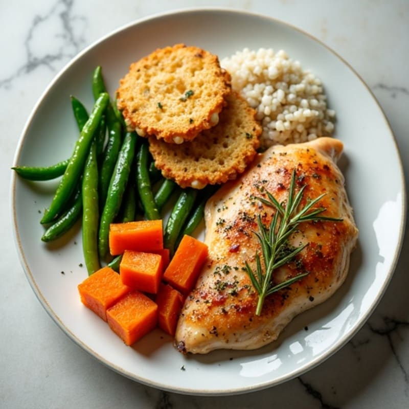 Herb-Roasted Chicken with Roasted Sweet Potatoes, Crispy Green Beans, and Rice Cakes