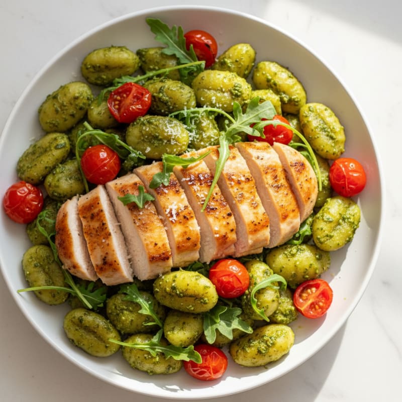 Gnocchi with Arugula Pesto and Cherry Tomatoes