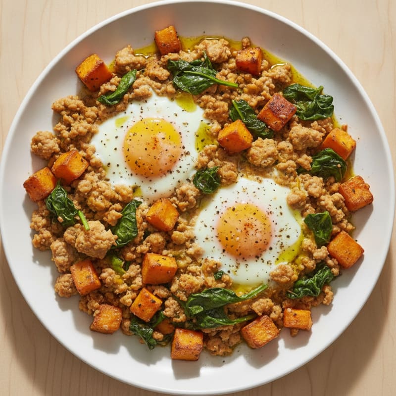 Baked Eggs with Roasted Sweet Potatoes and Ground Turkey