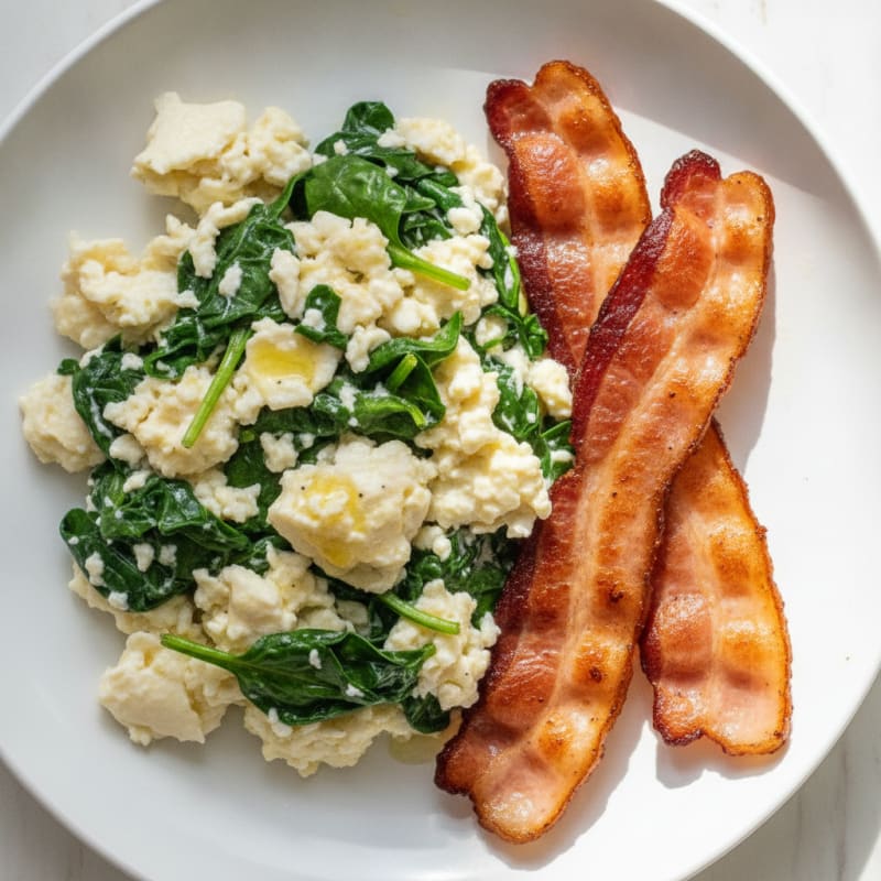Scrambled Egg Whites with Wilted Spinach and Grilled Turkey Bacon