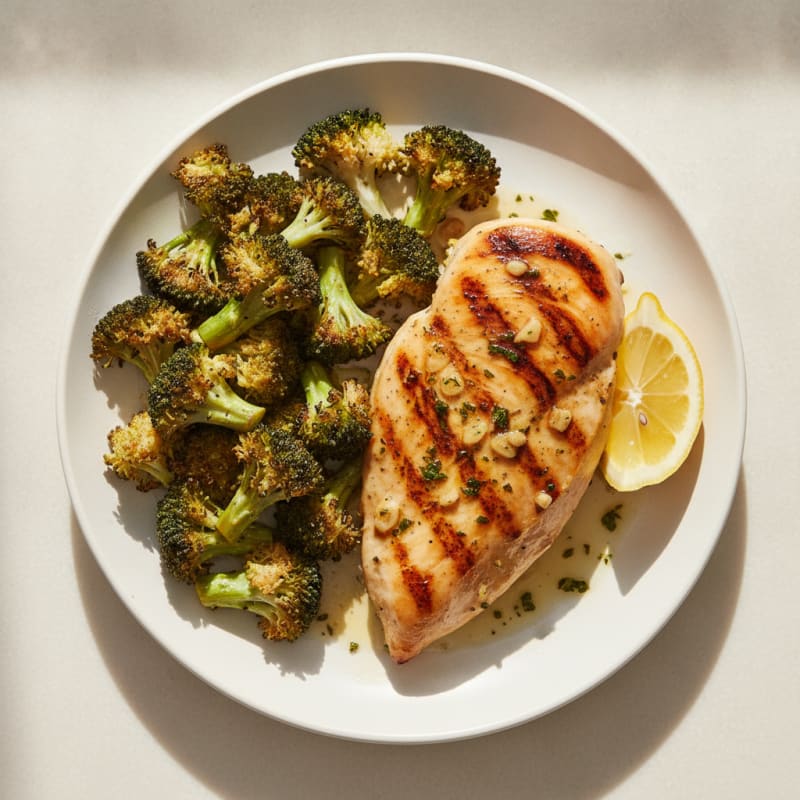 Grilled Chicken Breast with Roasted Broccoli and Lemon
