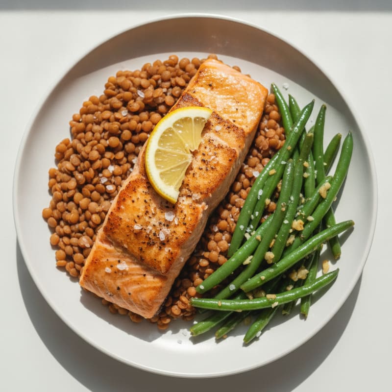 Seared Salmon Fillet with Garlic Green Beans and Red Lentils