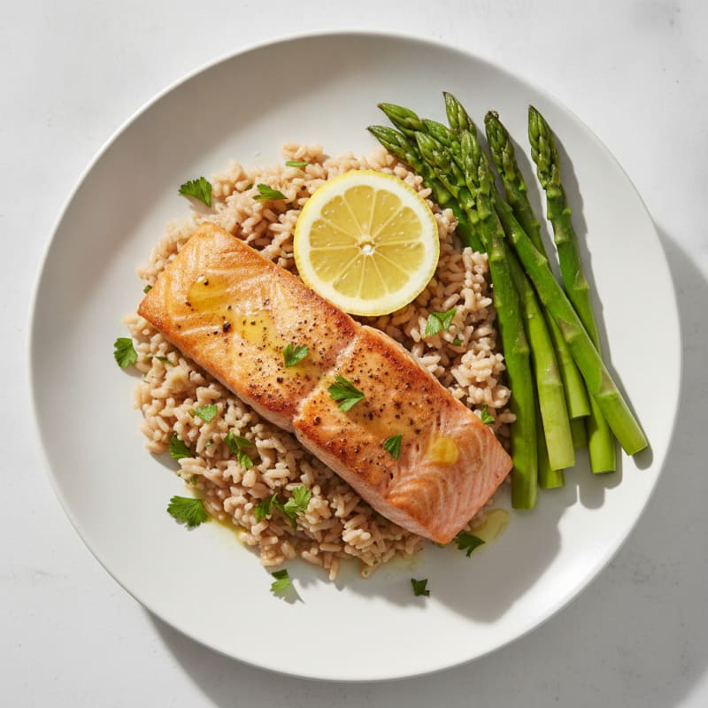 Seared Salmon Filet with Steamed Asparagus and Herbed Brown Rice