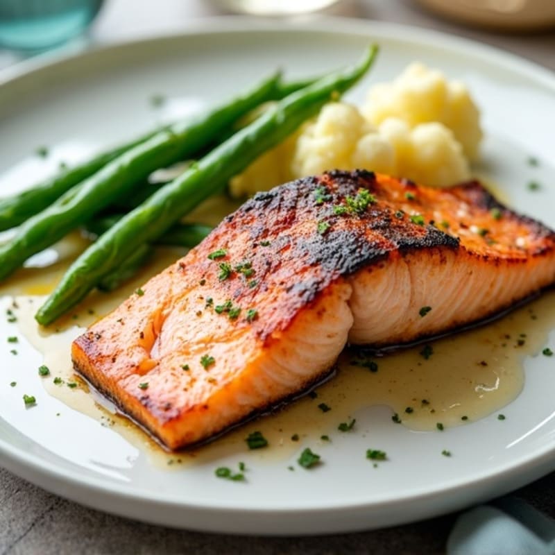 Seared Salmon with Steamed Green Beans and Garlic Mashed Cauliflower
