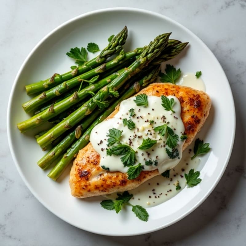 Pan-Seared Chicken with Silky Spinach Artichoke Sauce and Roasted Asparagus