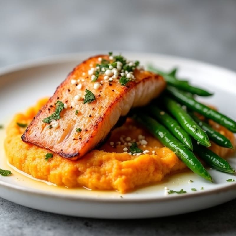 Seared Salmon Fillet with Garlic Green Beans and Sweet Potato Mash
