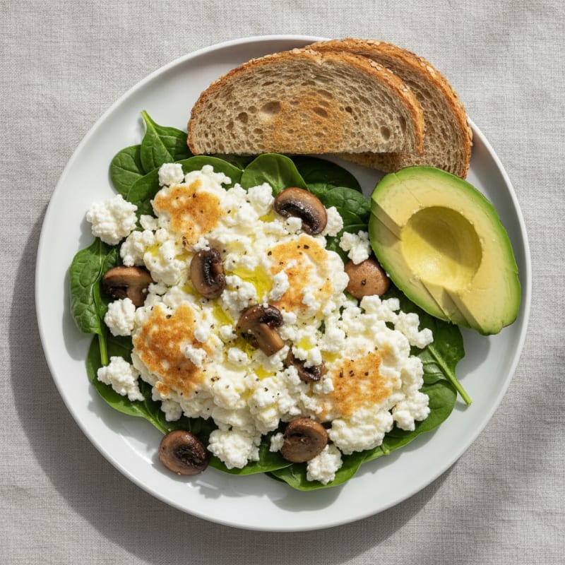 Cottage Cheese and Egg White Scramble with Spinach and Sautéed Mushrooms