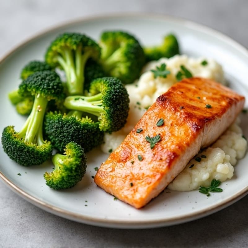 Seared Salmon with Roasted Broccoli and Garlic Mashed Cauliflower
