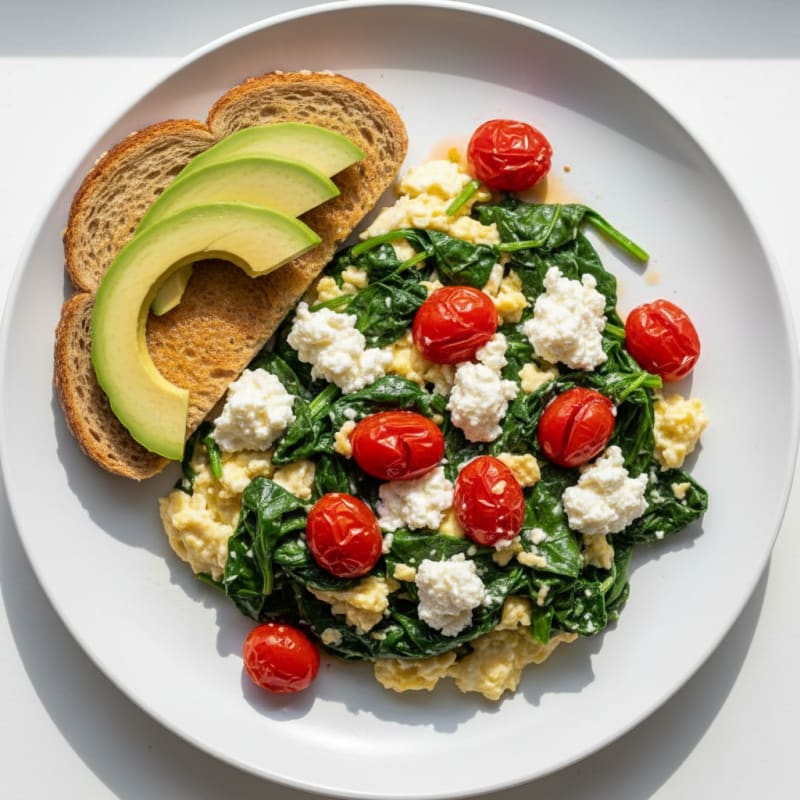 Egg White and Spinach Scramble with Cottage Cheese and Cherry Tomatoes