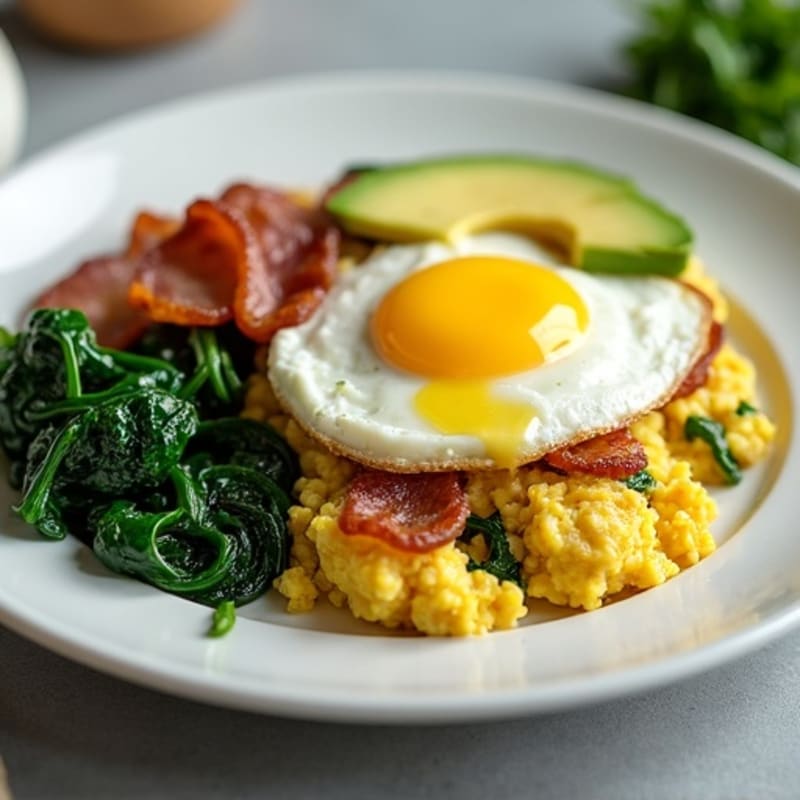 Cottage Cheese Scramble with Sautéed Spinach and Turkey Bacon