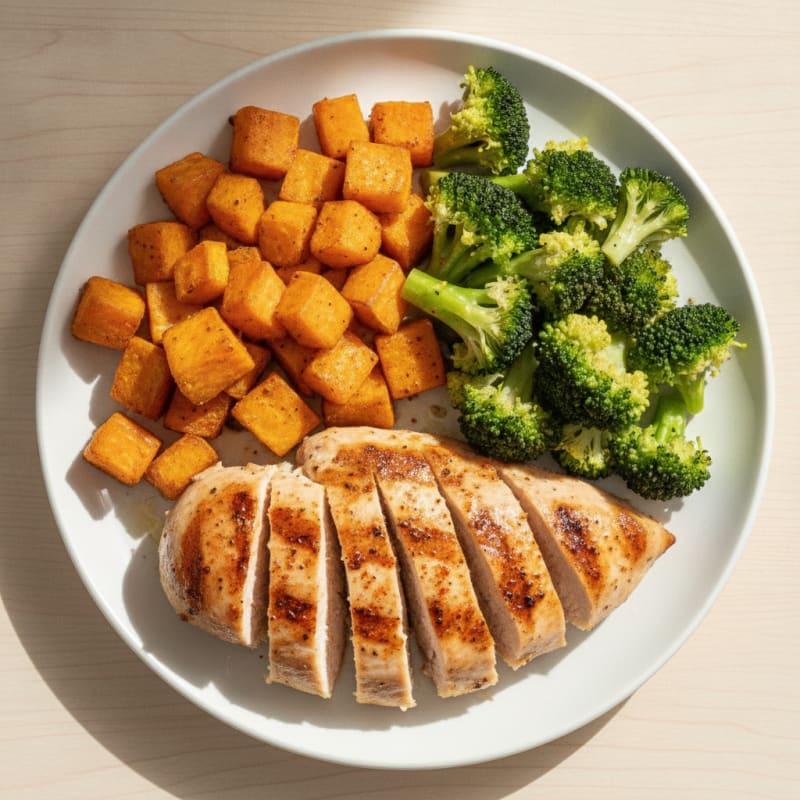 Grilled Chicken Breast with Roasted Sweet Potato and Steamed Broccoli