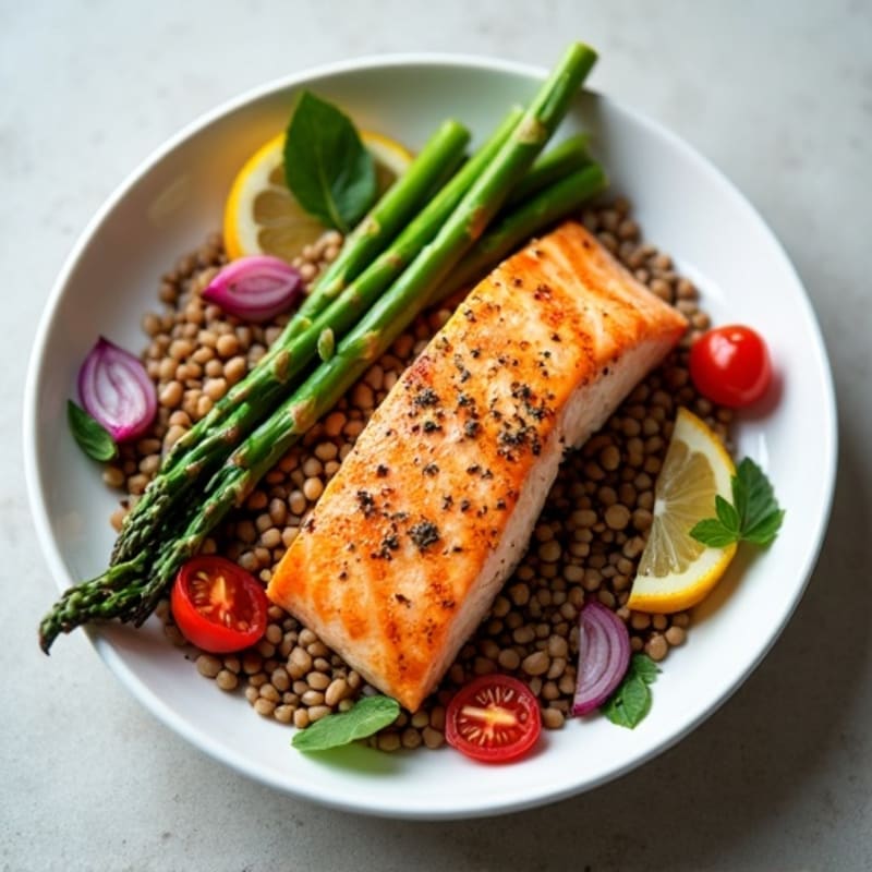 Seared Salmon with Lentil Salad and Steamed Asparagus