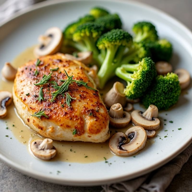 Garlic Herb Roasted Chicken with Creamy Sautéed Mushrooms and Roasted Broccoli