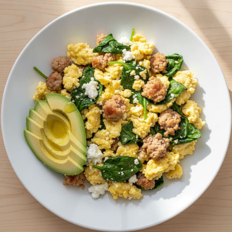 Cottage Cheese Egg Scramble with Turkey Sausage and Spinach
