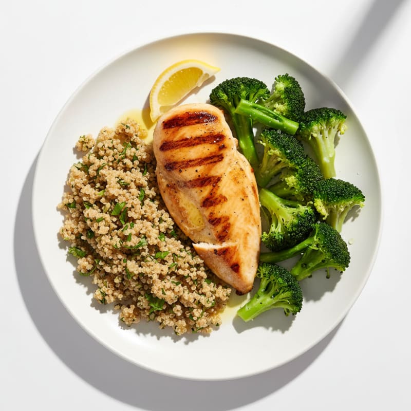 Grilled Chicken Breast with Steamed Broccoli and Herb Quinoa