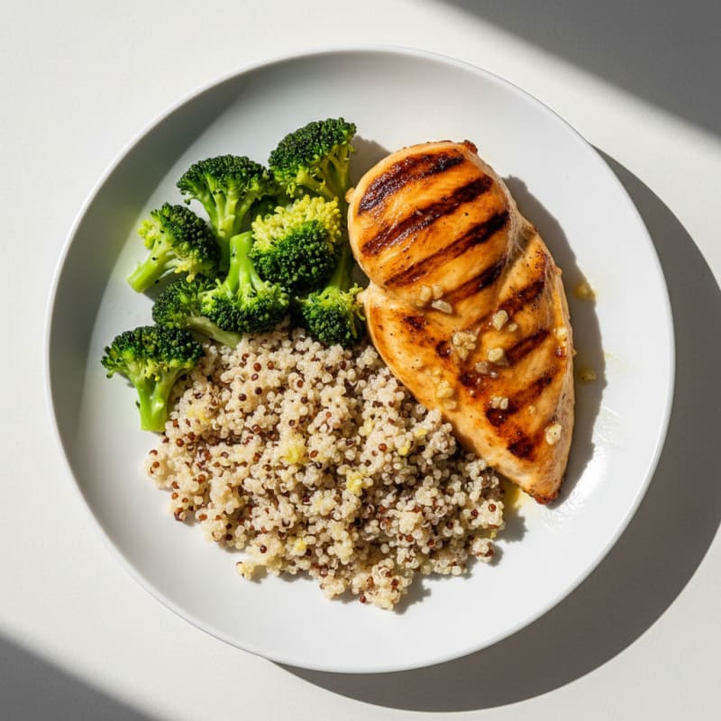 Grilled Chicken Breast with Steamed Broccoli and Quinoa
