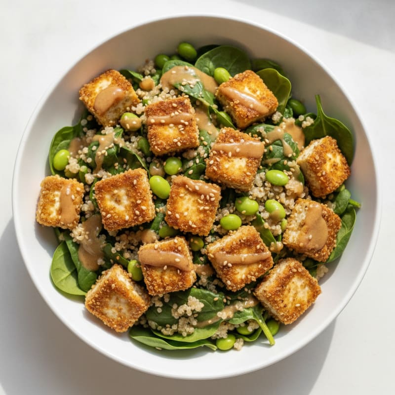Crispy Tofu and Quinoa Power Salad with Edamame