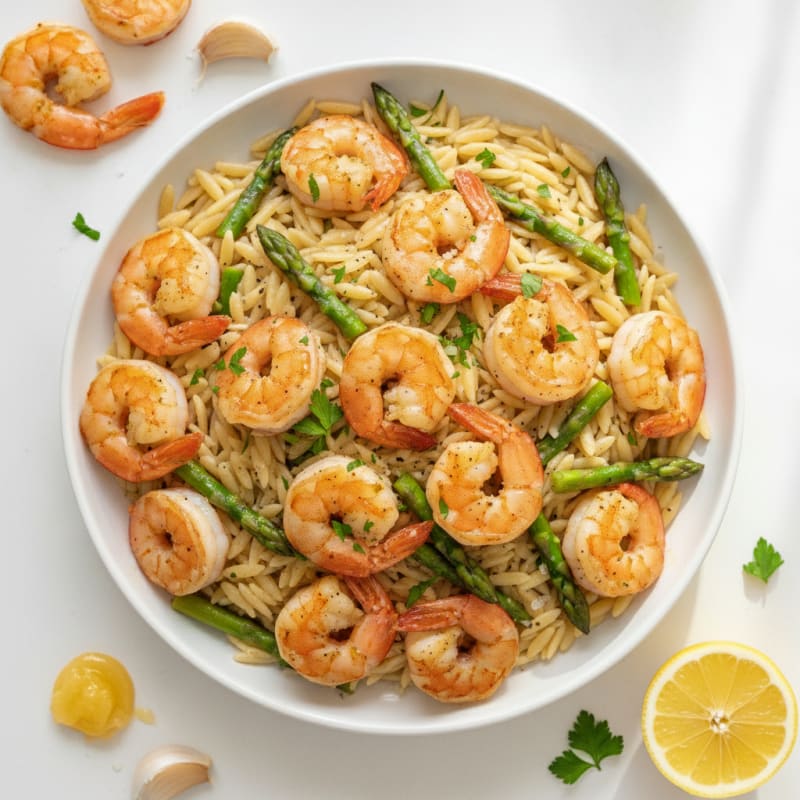 Garlic Butter Shrimp Orzo with Asparagus