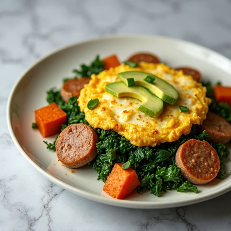 Egg White and Turkey Sausage Scramble with Spinach and Roasted Sweet Potato