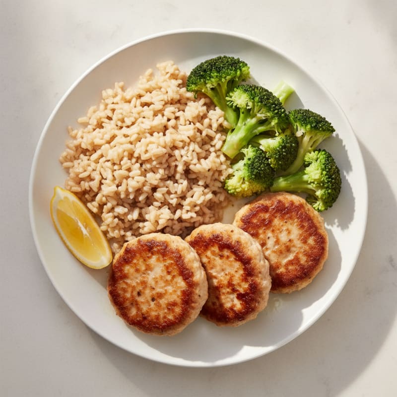 Seared Turkey Patties with Steamed Broccoli and Brown Rice