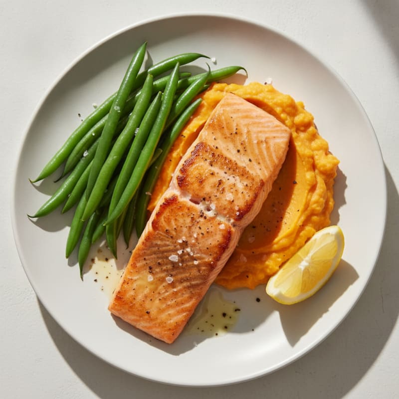 Seared Salmon with Steamed Green Beans and Sweet Potato Mash