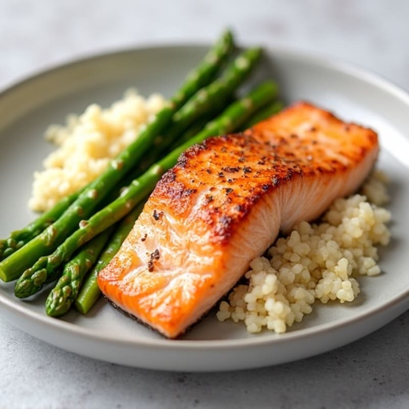 Seared Salmon with Steamed Asparagus and Cauliflower Rice