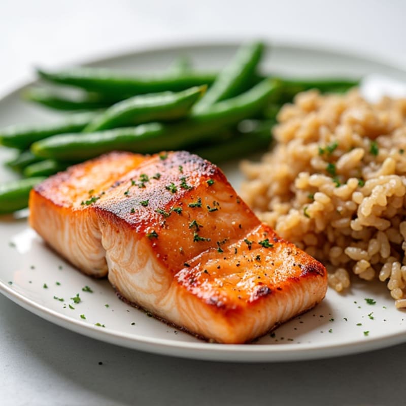 Seared Salmon with Steamed Green Beans and Brown Rice