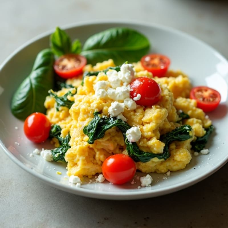 Fluffy Scrambled Eggs with Sautéed Spinach and Cherry Tomatoes