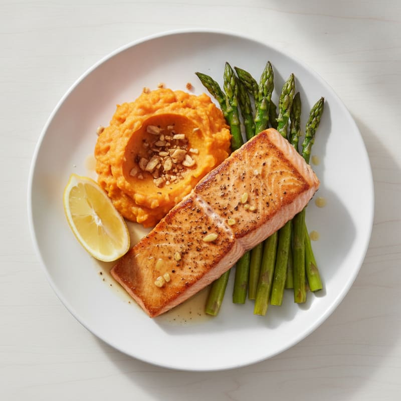 Seared Salmon Fillet with Roasted Asparagus and Sweet Potato Mash