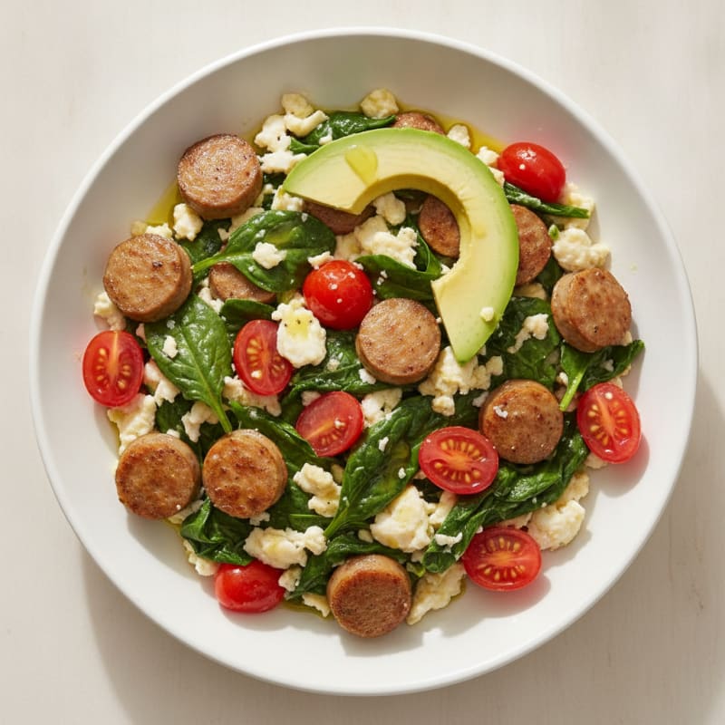 Egg White and Turkey Sausage Scramble with Spinach and Cherry Tomatoes