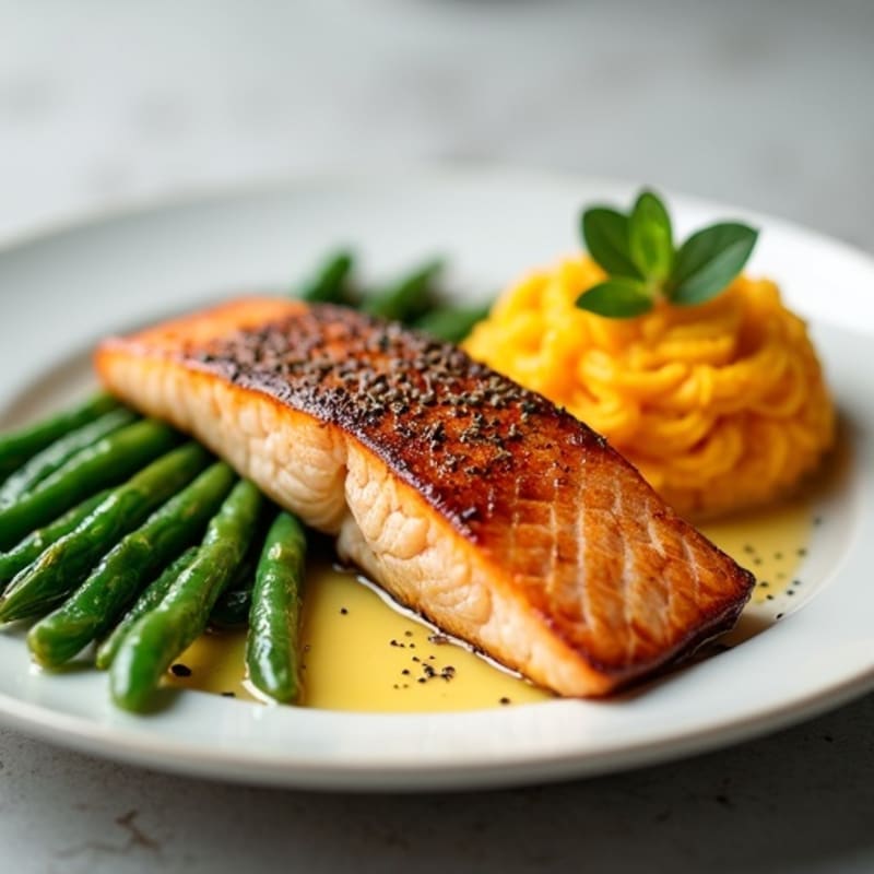 Seared Salmon Fillet with Steamed Green Beans and Mashed Sweet Potato