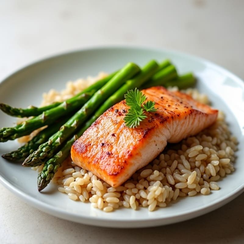 Seared Salmon with Steamed Asparagus and Brown Rice