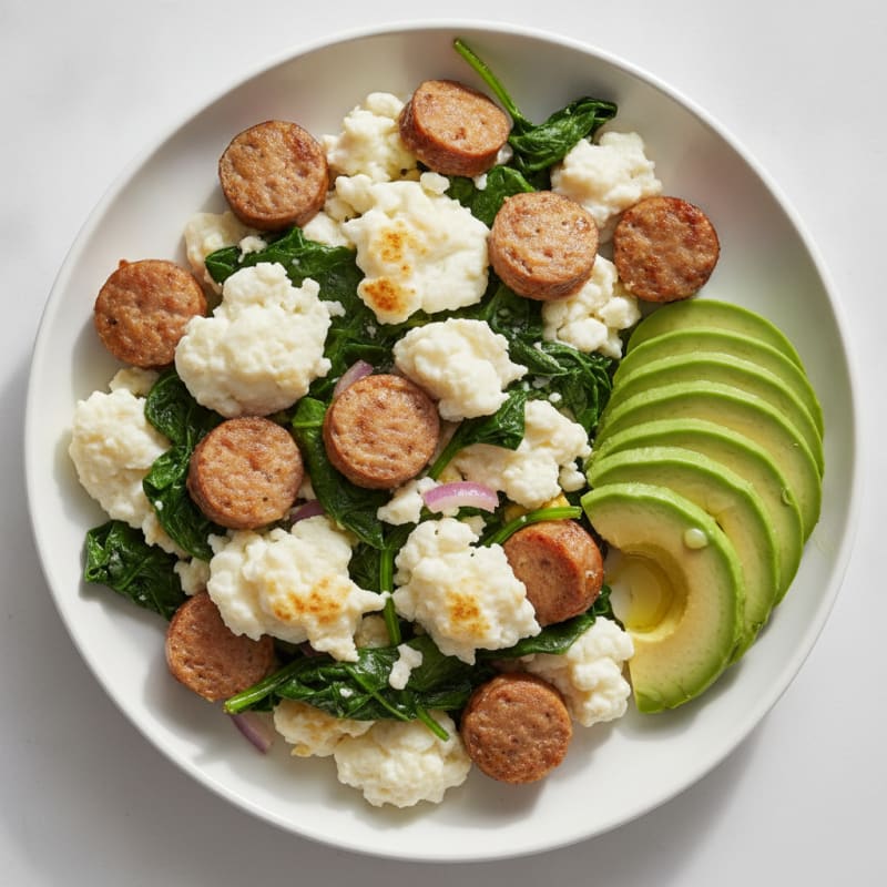 Egg White and Turkey Sausage Scramble with Sautéed Spinach