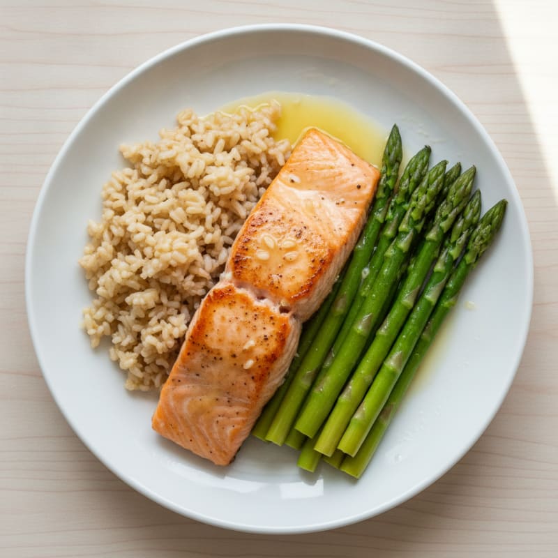 Seared Salmon with Steamed Asparagus and Brown Rice