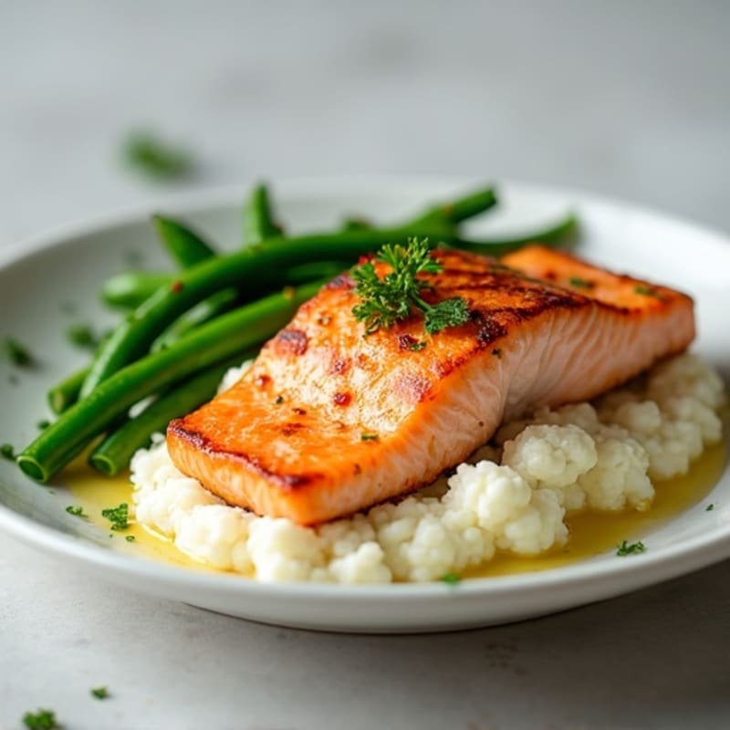 Seared Salmon with Creamy Cauliflower Mash and Steamed Green Beans