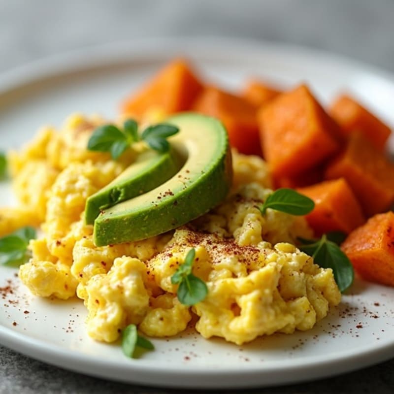 Creamy Avocado and Egg Scramble with Crispy Sweet Potato Hash