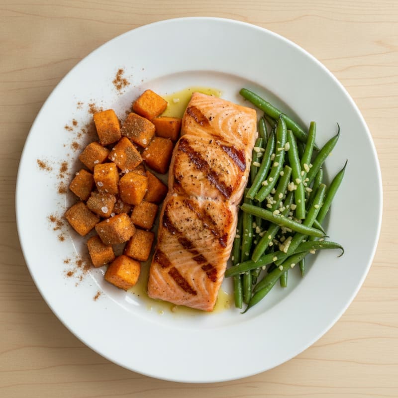 Seared Salmon Fillet with Roasted Sweet Potatoes and Garlic Green Beans