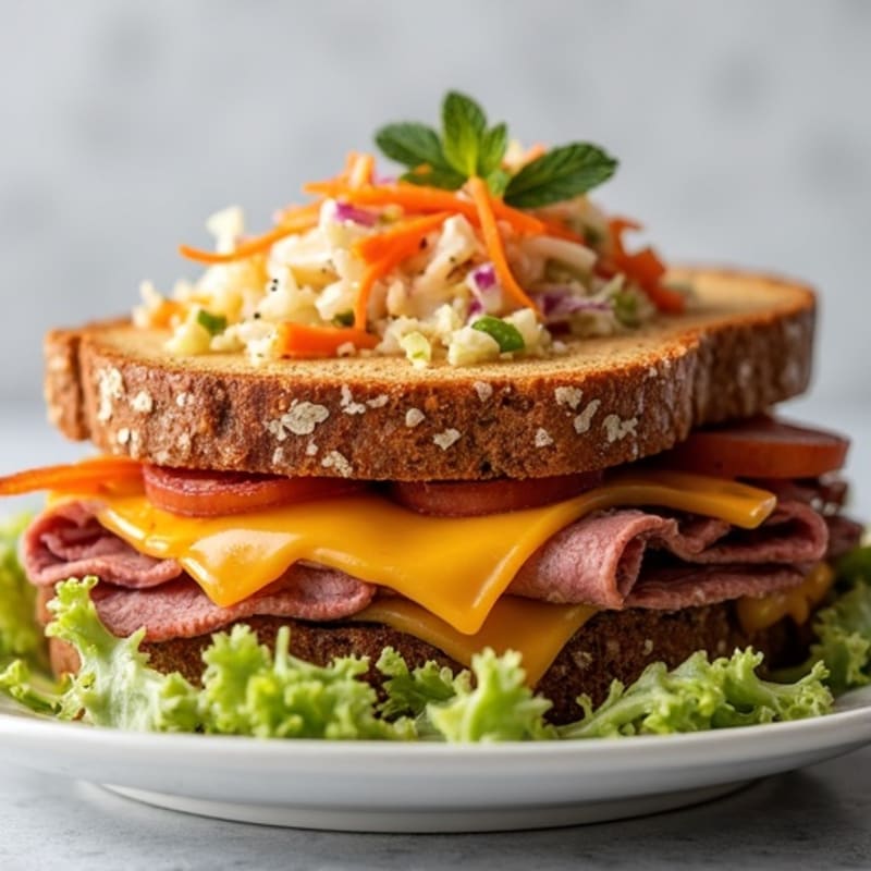 Lean Roast Beef and Sharp Cheddar Melt with Crunchy Vegetable Slaw