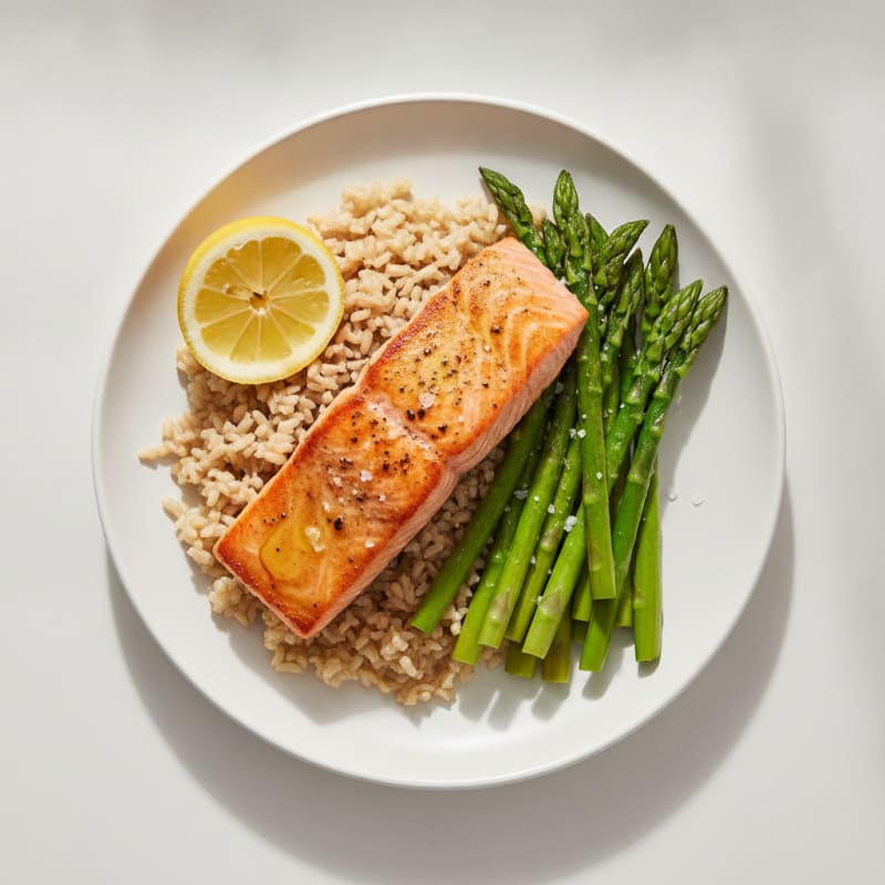 Seared Salmon with Steamed Asparagus and Brown Rice