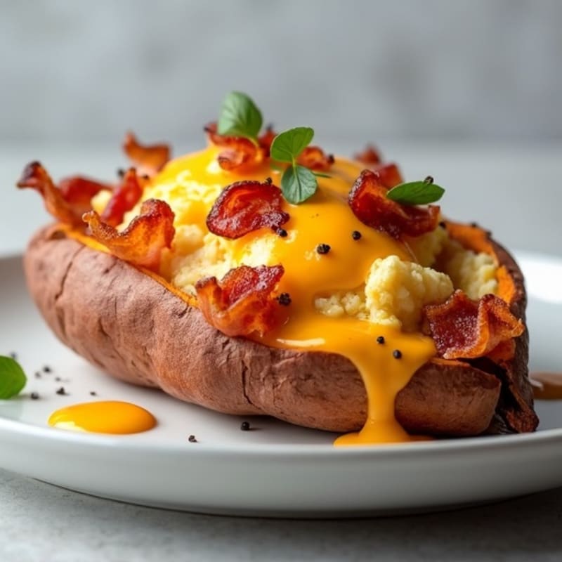 Roasted Sweet Potato Stuffed with Crispy Bacon and Creamy Cheese