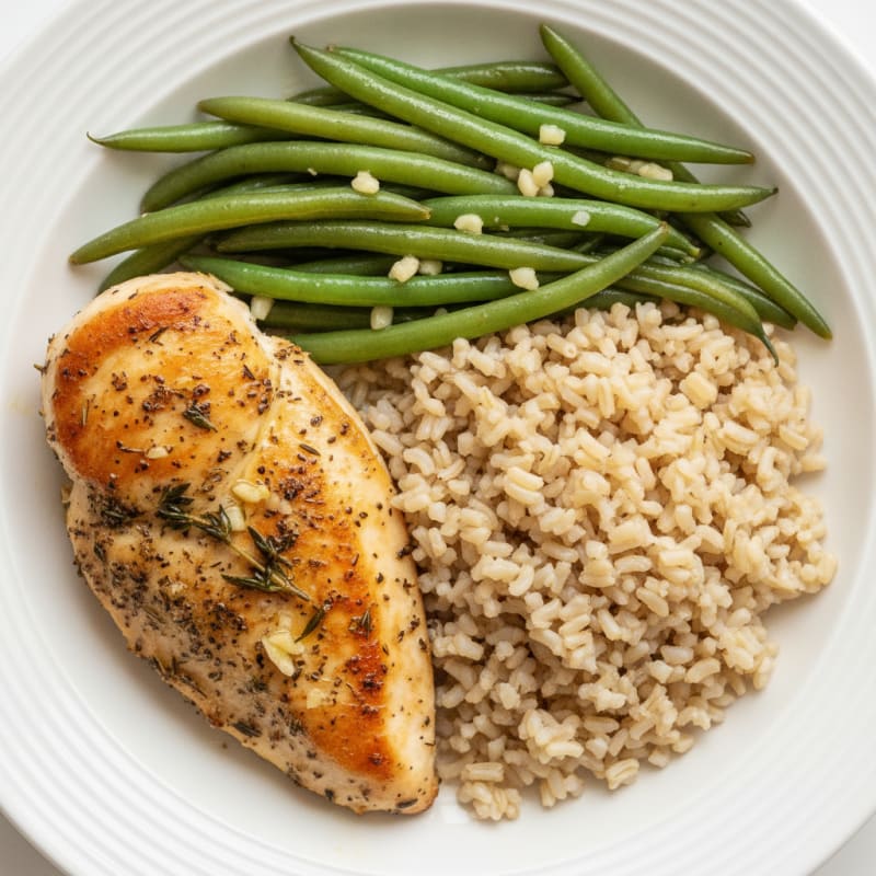 Herb-Seared Chicken Breast with Garlic Green Beans and Brown Rice