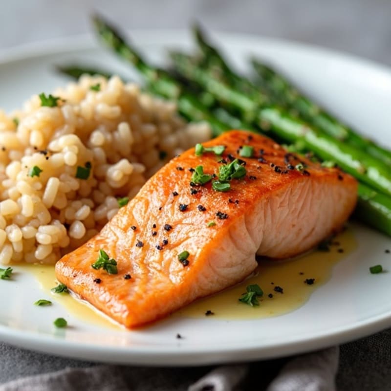 Seared Salmon Fillet with Steamed Asparagus and Brown Rice