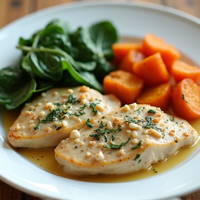 Chicken with Creamy Coconut Spinach and Roasted Sweet Potatoes